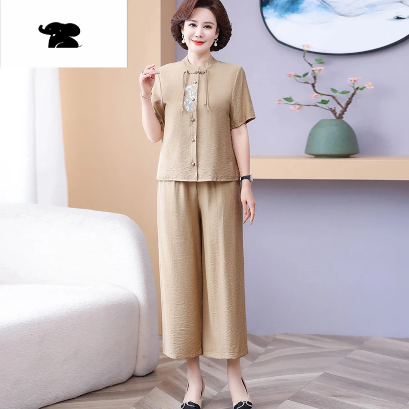 新款妈妈夏装短袖套装女中老年国风洋气恤衬衫两件套母亲节套装