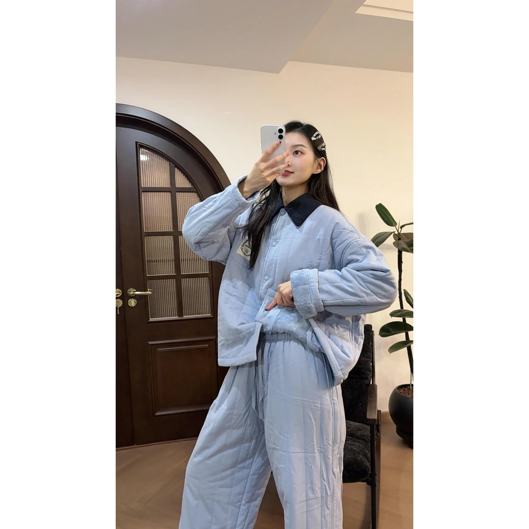 韩版三层夹棉睡衣女秋冬季新款蓝色棉服加绒加厚情侣款家居服套装