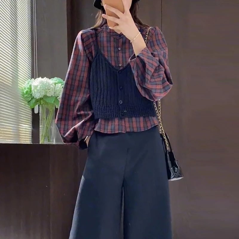 韩系时尚休闲洋气格子衬衫叠穿针织吊带背心女2025秋季新款两件套