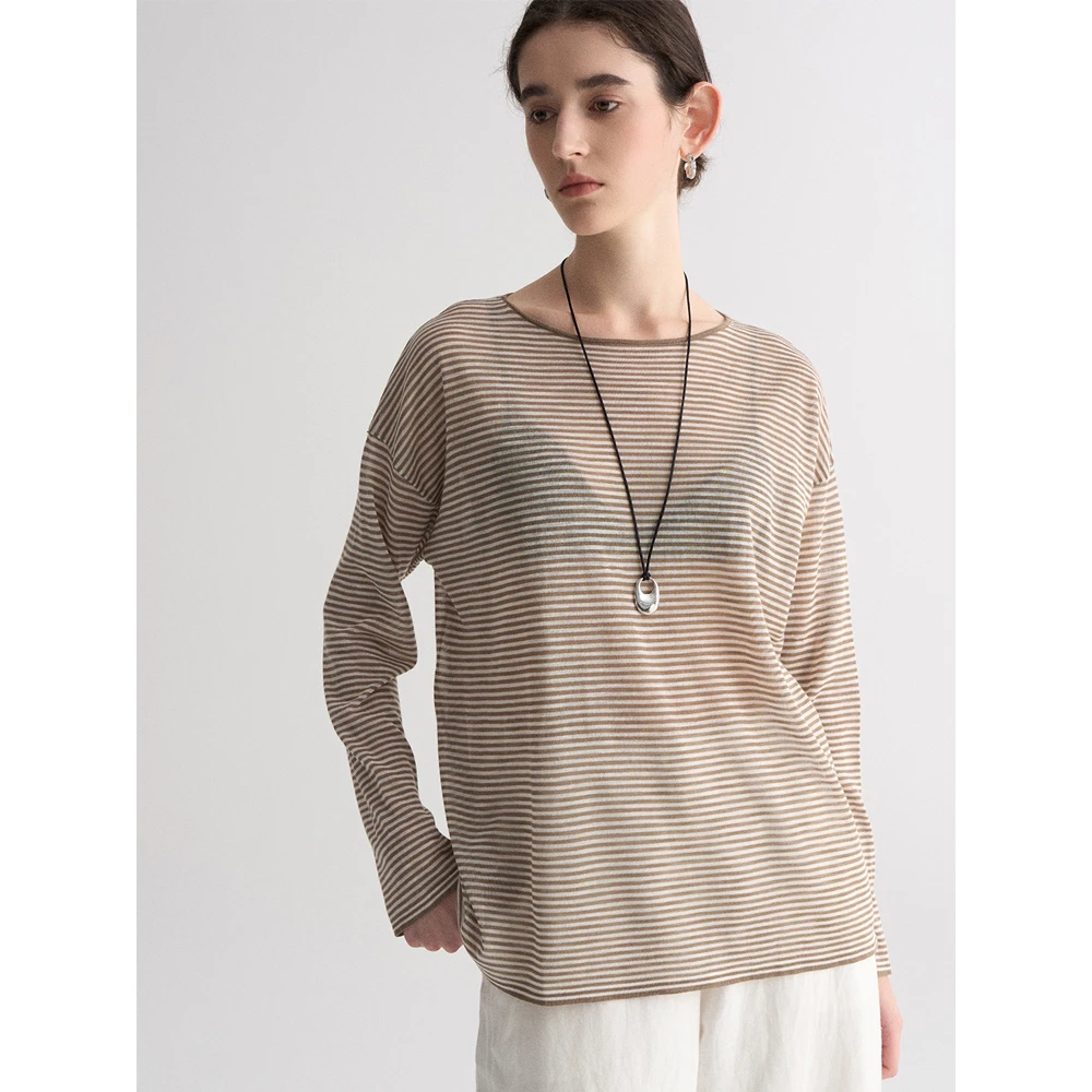 法式百搭老钱风撞色条纹针织罩衫女夏季长袖气质微透慵懒感上衣薄