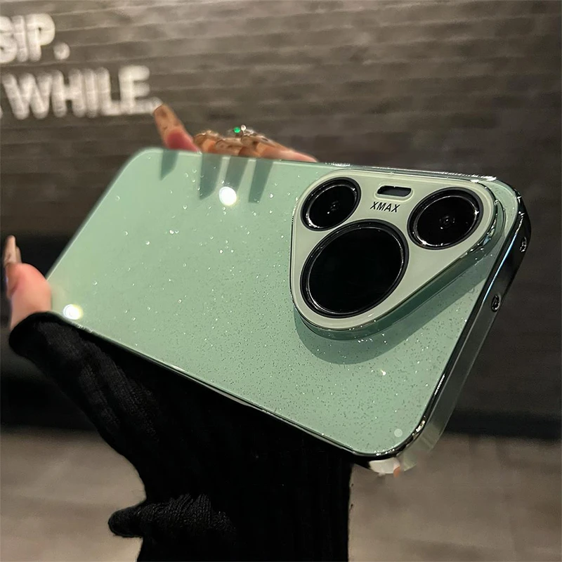 适用华为pura70手机壳轻奢闪粉电镀玻璃pura70pro镜头膜保护套