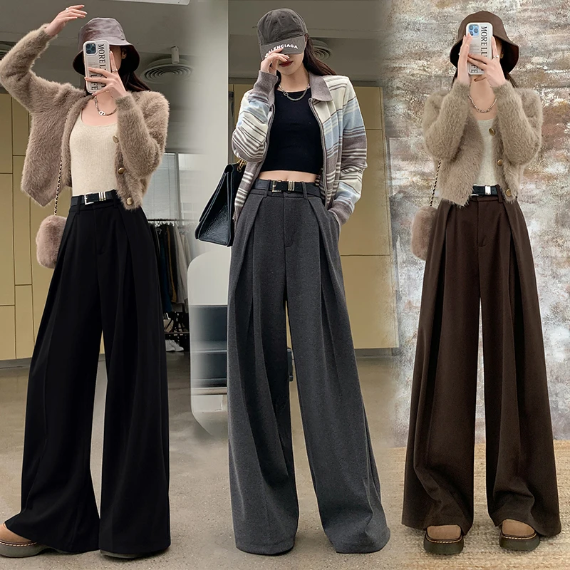 （送腰带）毛呢阔腿裤女秋冬款高腰呢子休闲西装直筒显瘦拖地裤女