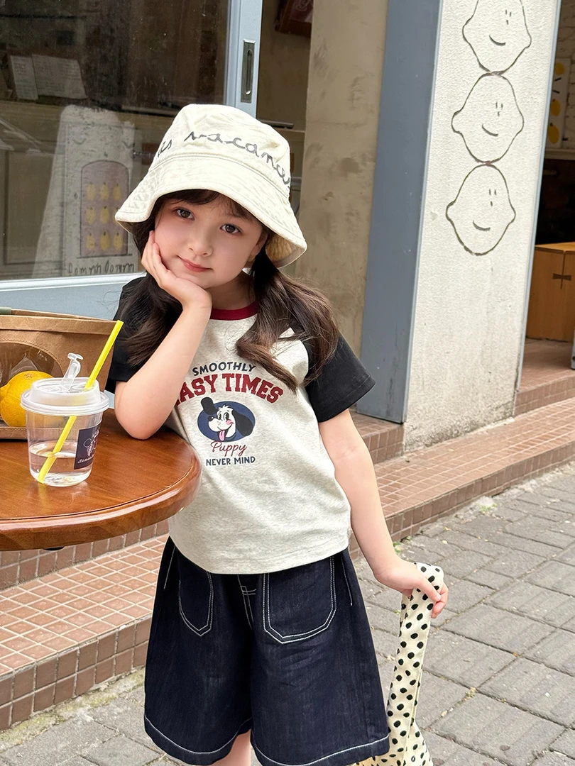 【新品】洋气短袖中大小女童弹力奥代尔拉架字母插肩卡通T恤25C051