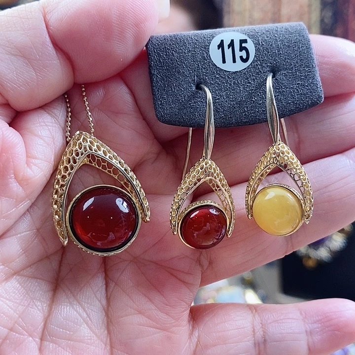 琥珀颈饰银S925镶嵌套装