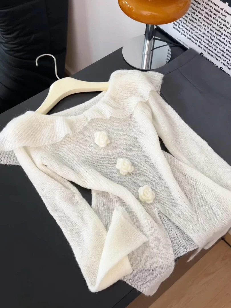 超好看软糯韩系重工钩花毛衣女早秋荷叶边高级感穿搭打底针织上衣