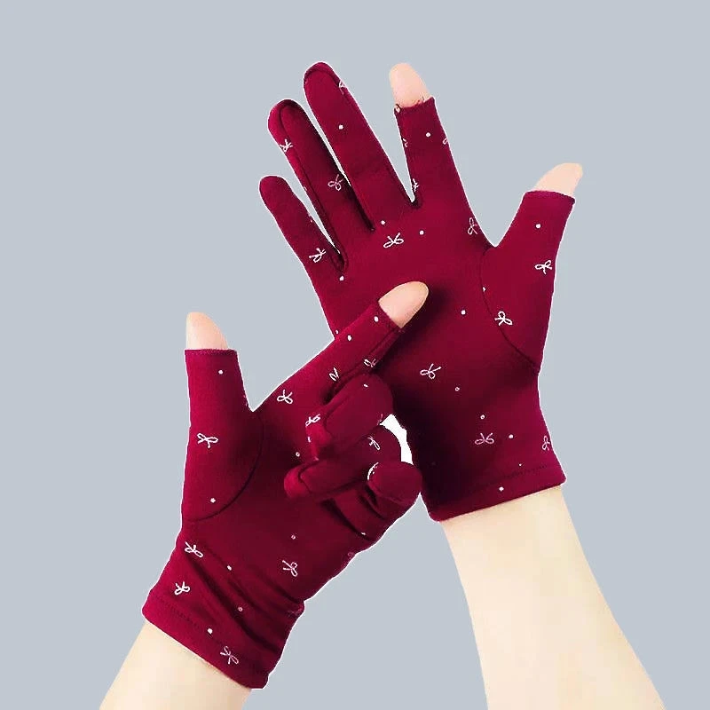 女韩版加绒防寒保暖手套冬季漏2指开车骑行工作跳舞弹力印花手套