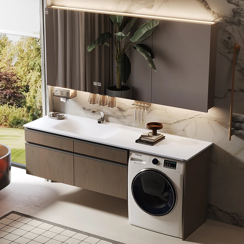 现代简约洗衣机一体柜组合岩板热弯一体卫生间洗脸盆洗手台