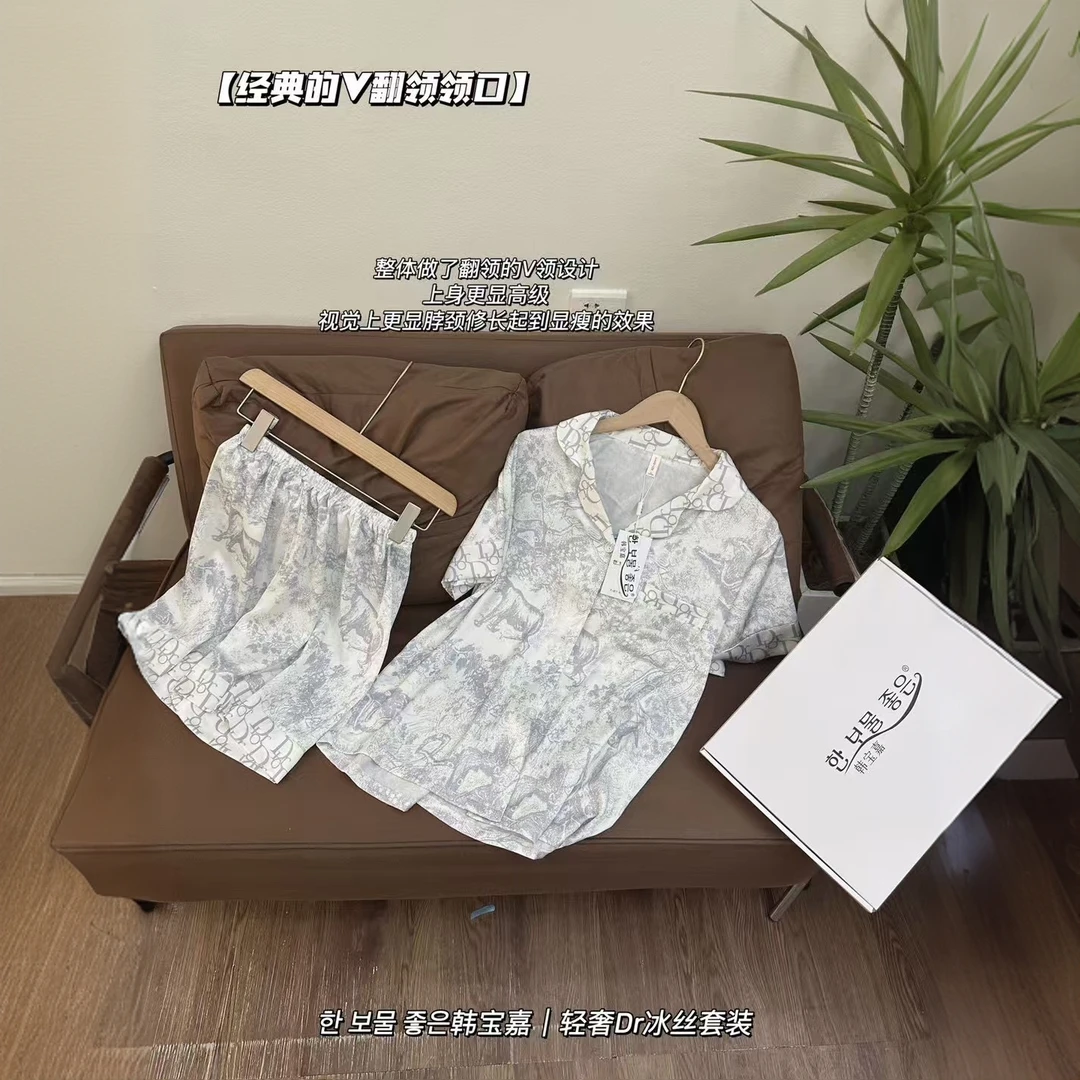 女士夏季薄款短袖长裤水墨国风睡衣家居服