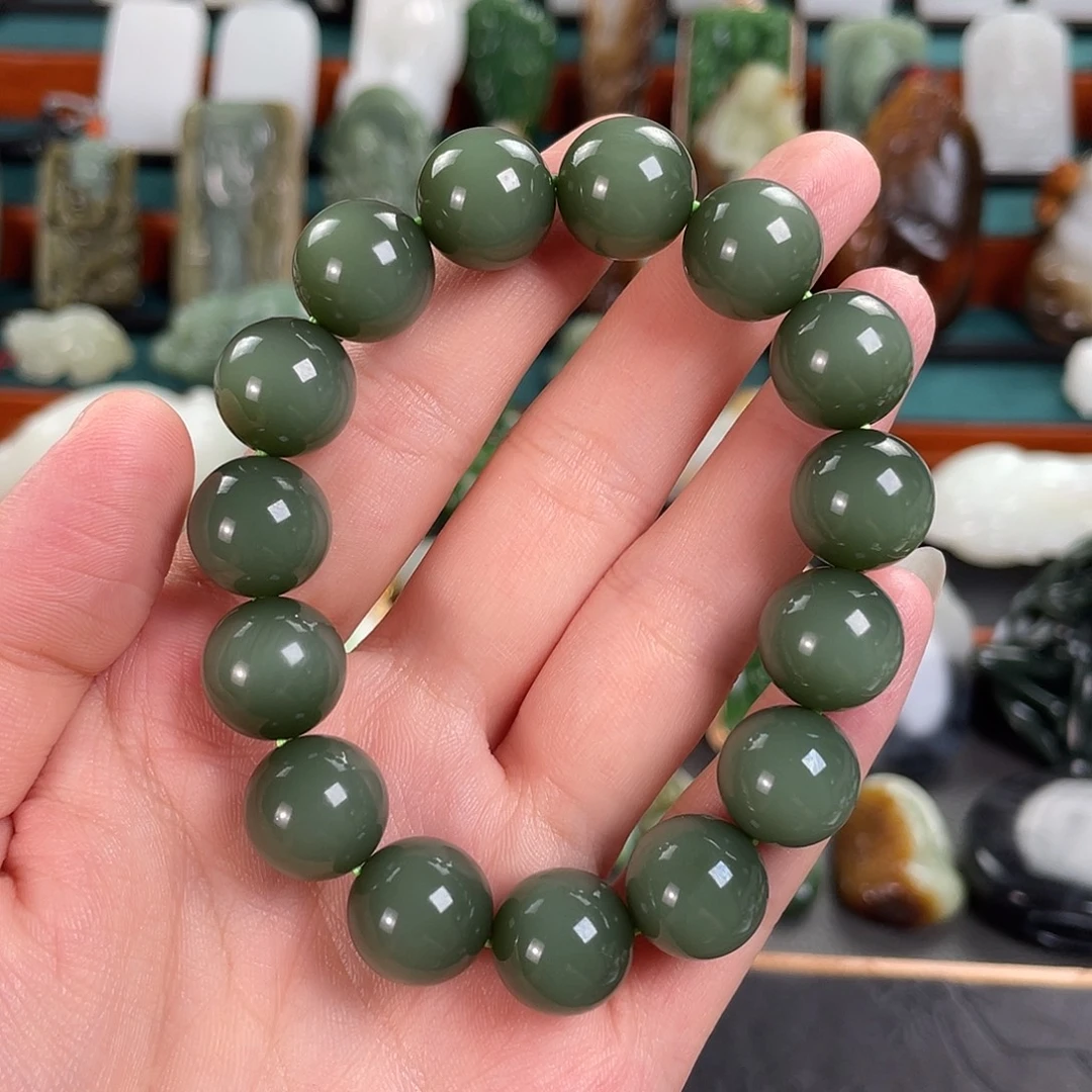 手链未镶嵌和田玉俄罗斯碧玉鸭蛋青猫眼14mm