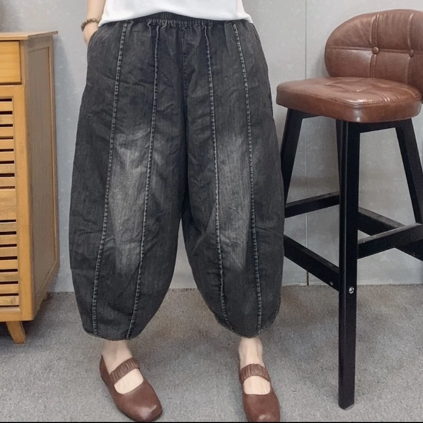 【云吖】夏季复古宽松休闲压边12片炒色阔腿水洗牛仔八分南瓜裤薄款