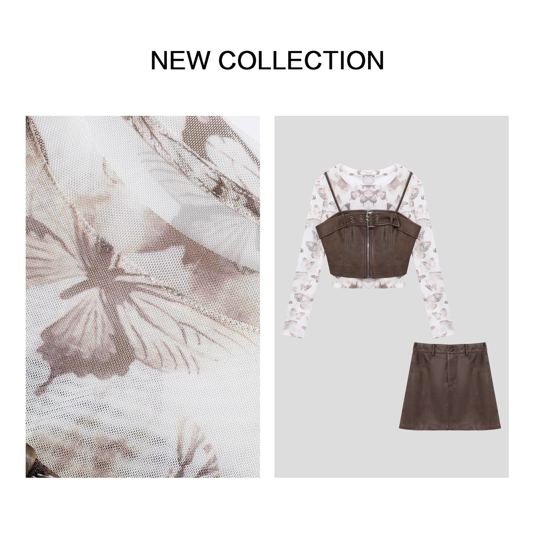 【小铃铛】D1F38067B 春季针织上衣+皮质马甲+短裙套装