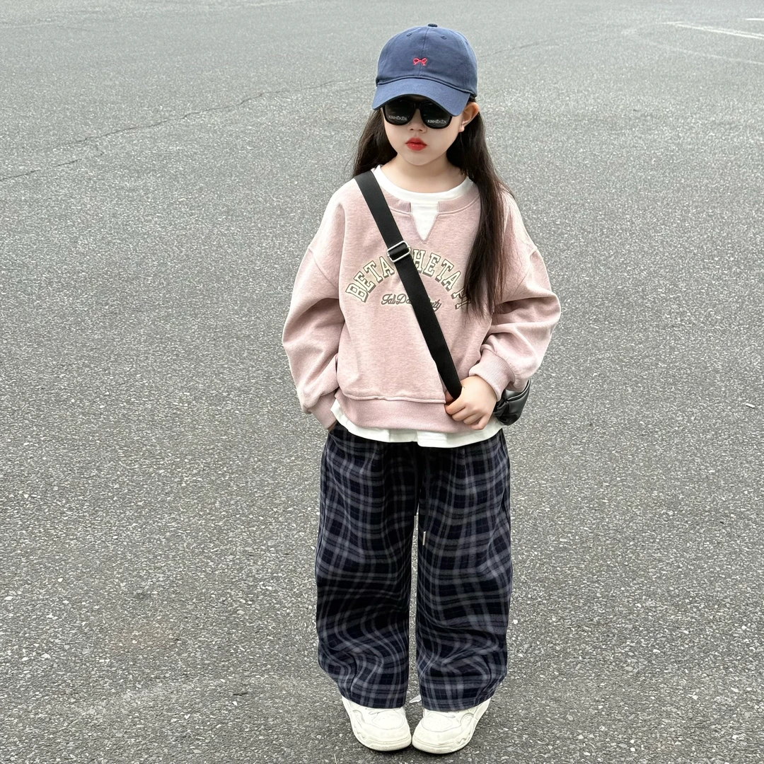 女童秋季韩版洋气拼接假两件卫衣中大童女孩百搭条纹格子裤阔腿裤