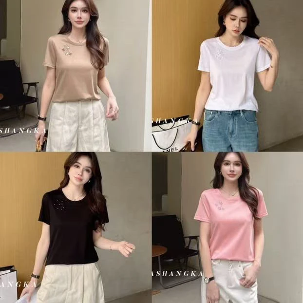 芭尚卡夏款亮片刺绣短袖上衣8610