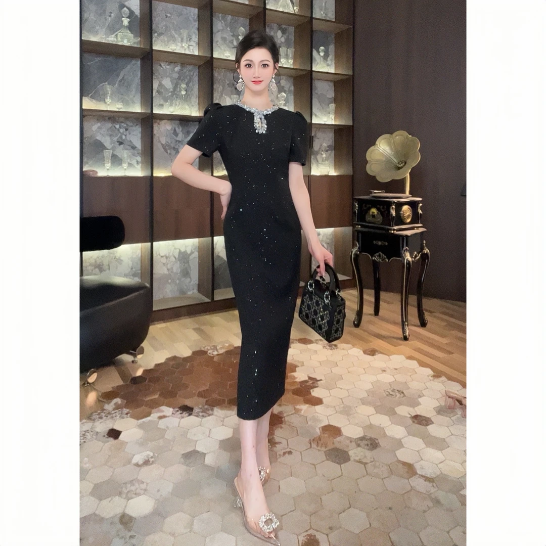 9029显瘦气质轻奢夏季黑色修身时尚复古法式中长款名媛连衣裙