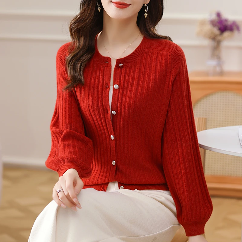 秋冬女妈妈装百搭红色婚宴礼服羊毛衫100%纯羊毛圆领打底针织开衫