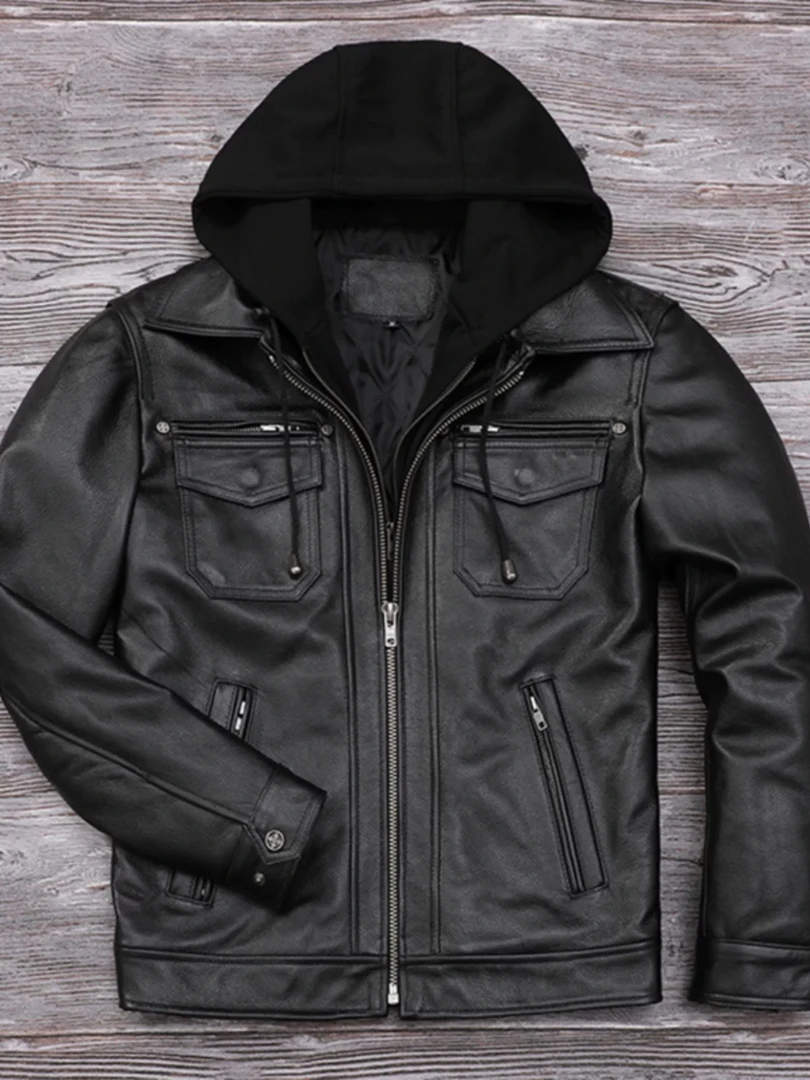 男士真皮加棉帽子可脱卸价格潮流头层牛皮短款休闲连帽加绒秋冬