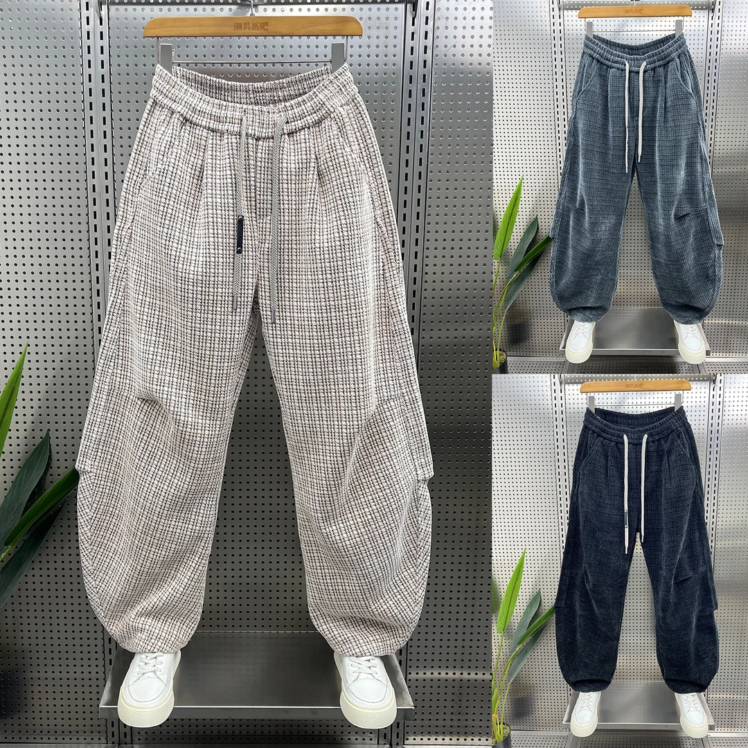 潮流美式宽松阔腿休闲裤男2025秋冬新款拼接灯芯绒哈伦运动长裤子