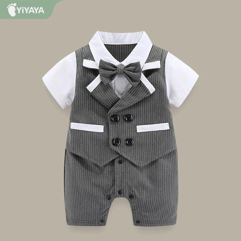 满月新生婴儿短袖衣服夏装宝宝小西装绅士周岁生日礼服男连体衣潮