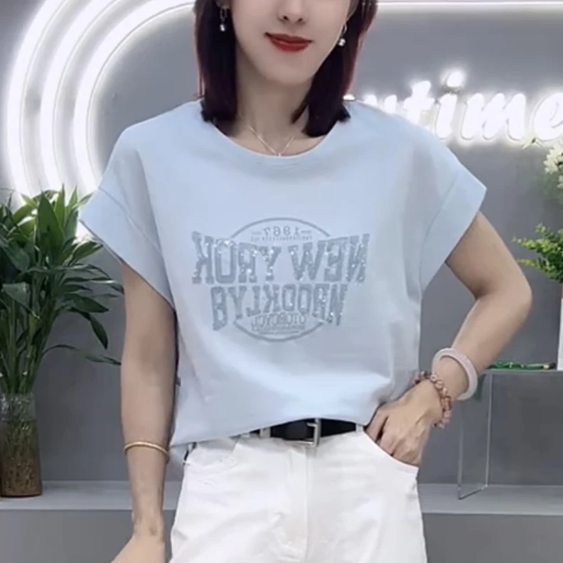 夏季新款时尚潮牌圆领字母刺绣重工亮片设计感显瘦短袖T恤