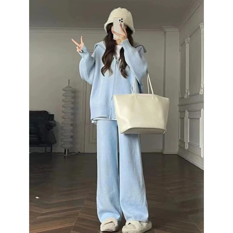 【源头工厂现货】慵懒风针织阔腿裤套装两件套双向拉链气质红色套装