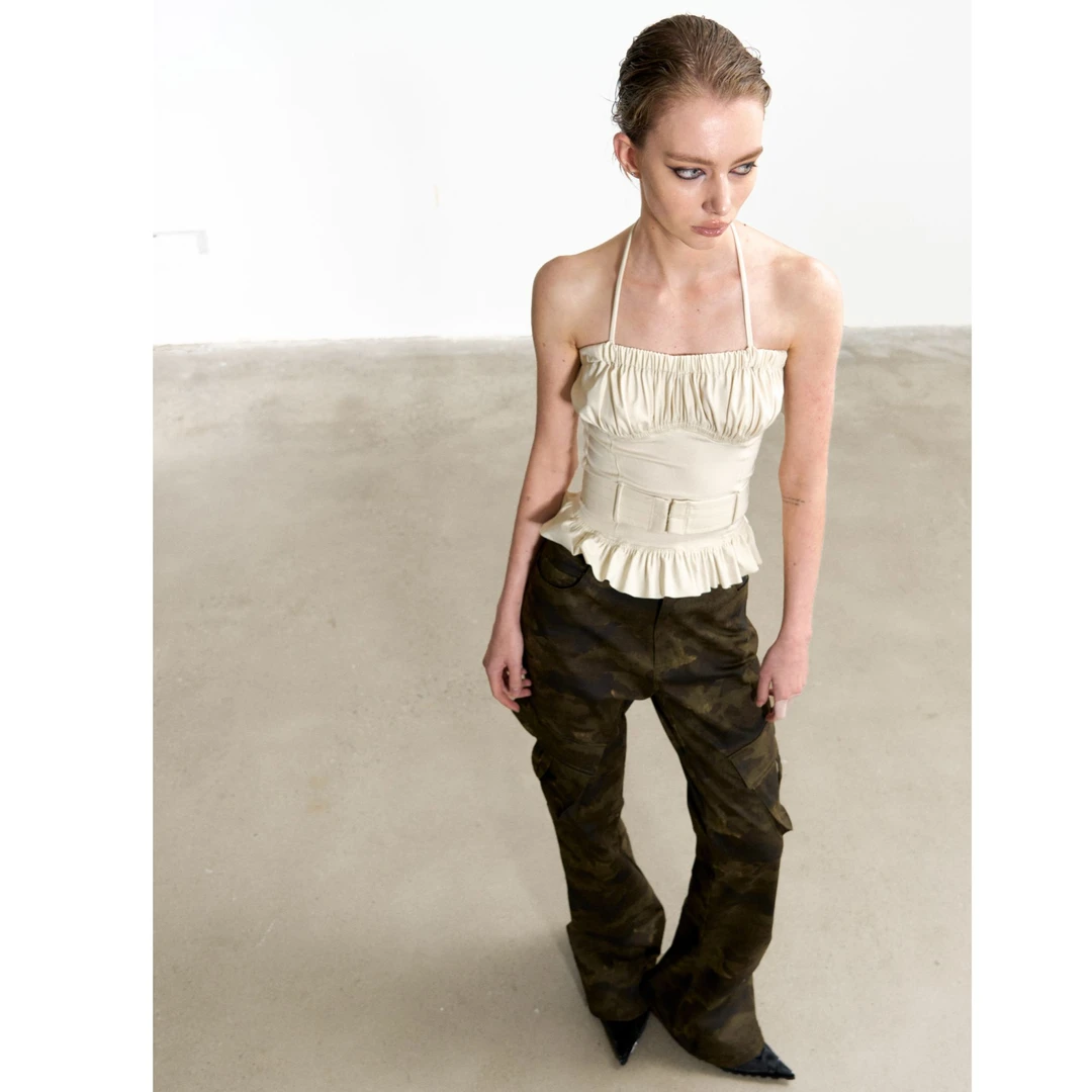 Razorr 原创挂脖荷叶边褶皱腰带修身弹力抹胸短款背心上衣