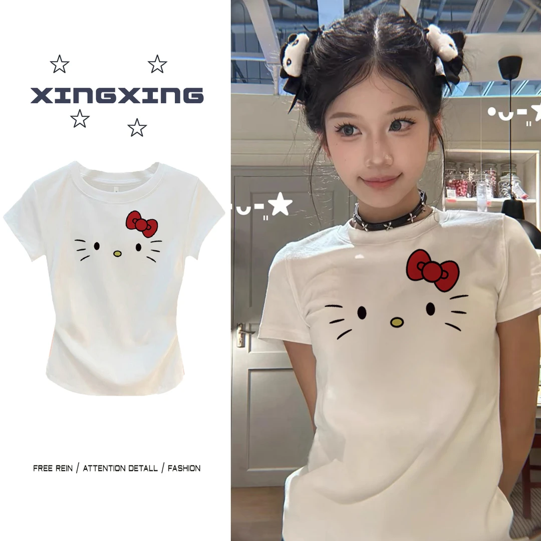 KT猫新款正肩修身短袖t恤女韩版显瘦遮肉设计感小众学生百搭上衣