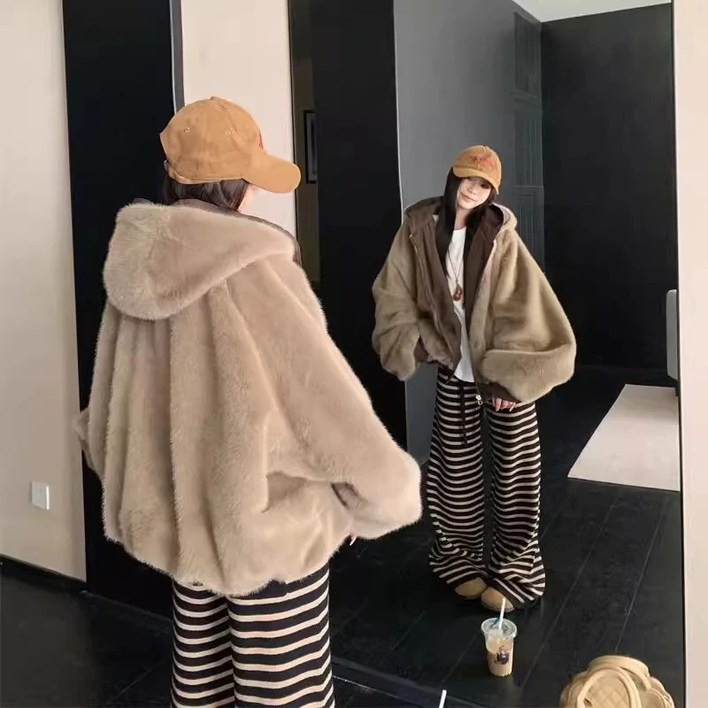 双面穿仿貂毛连帽座山雕棉服女新款冬季加厚保暖情侣棉衣宽松外套