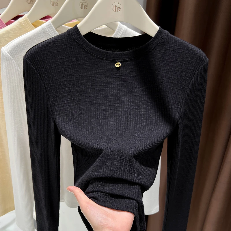 黑色修身打底衫2025新款可外穿小圆领正肩T恤内搭春秋季长袖上衣