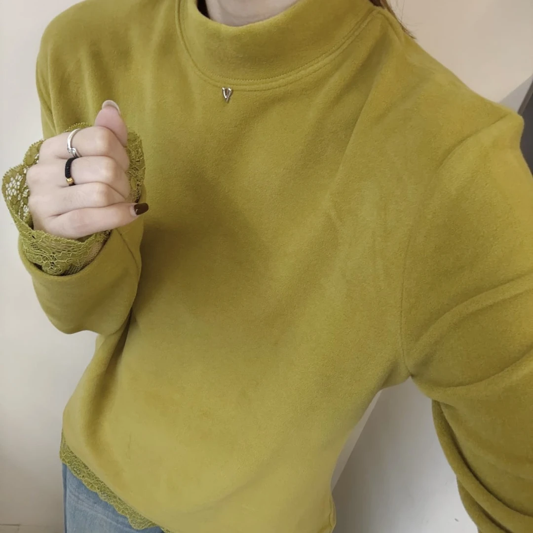 LMM 8999袖口蕾丝拼接长袖德绒T恤女秋冬款修身显瘦百搭保暖内搭