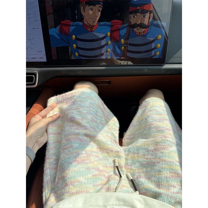 小香风彩虹扎染毛茸茸短裤男女夏季针织情侣裤子宽松休闲五分中裤