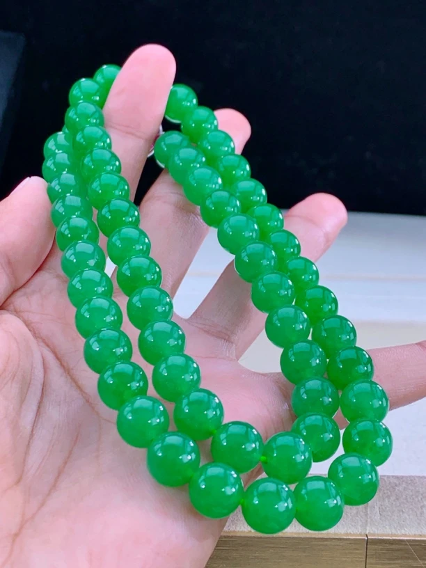 收藏级品质老坑老种缅甸天然翡翠A货满阳绿珠链典藏传承之选卡10