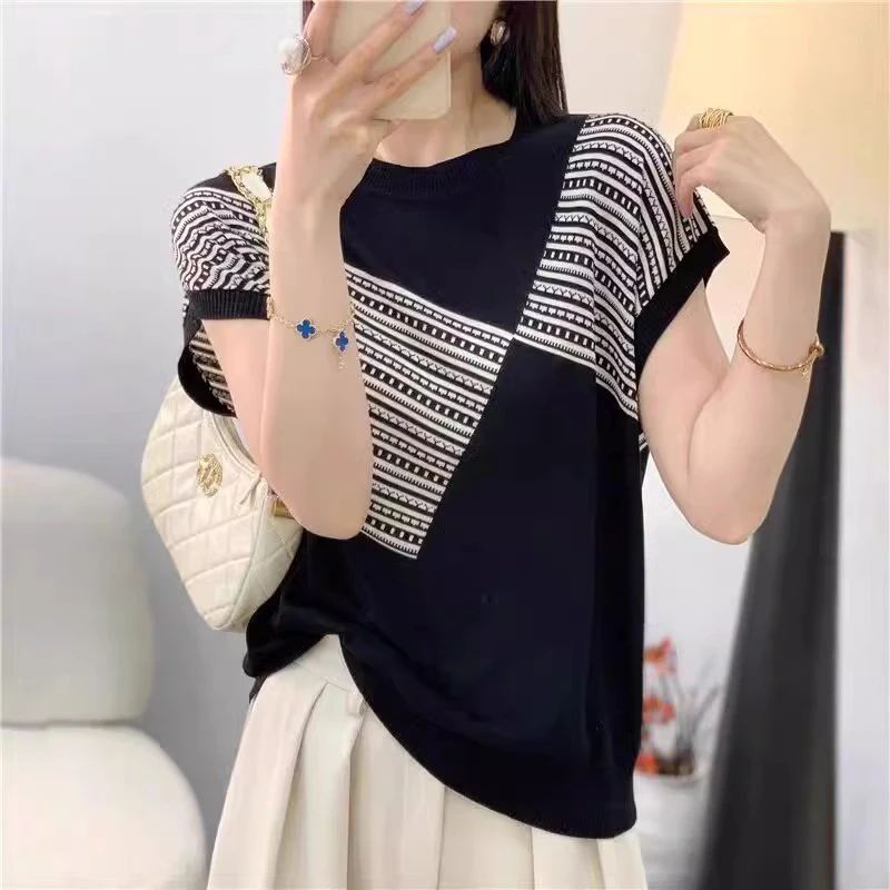 5108【100天丝莱赛尔】重工提花夏装新款女装韩版短袖上衣针织衫薄