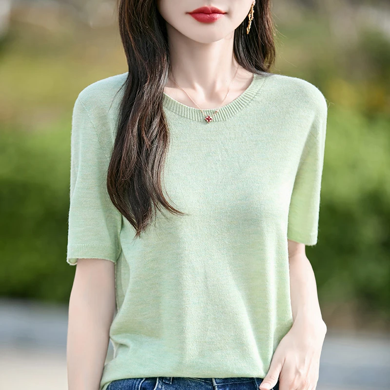 夏款超薄一线成衣16针精仿羊毛针织T恤圆领宽松百搭打底衫半袖