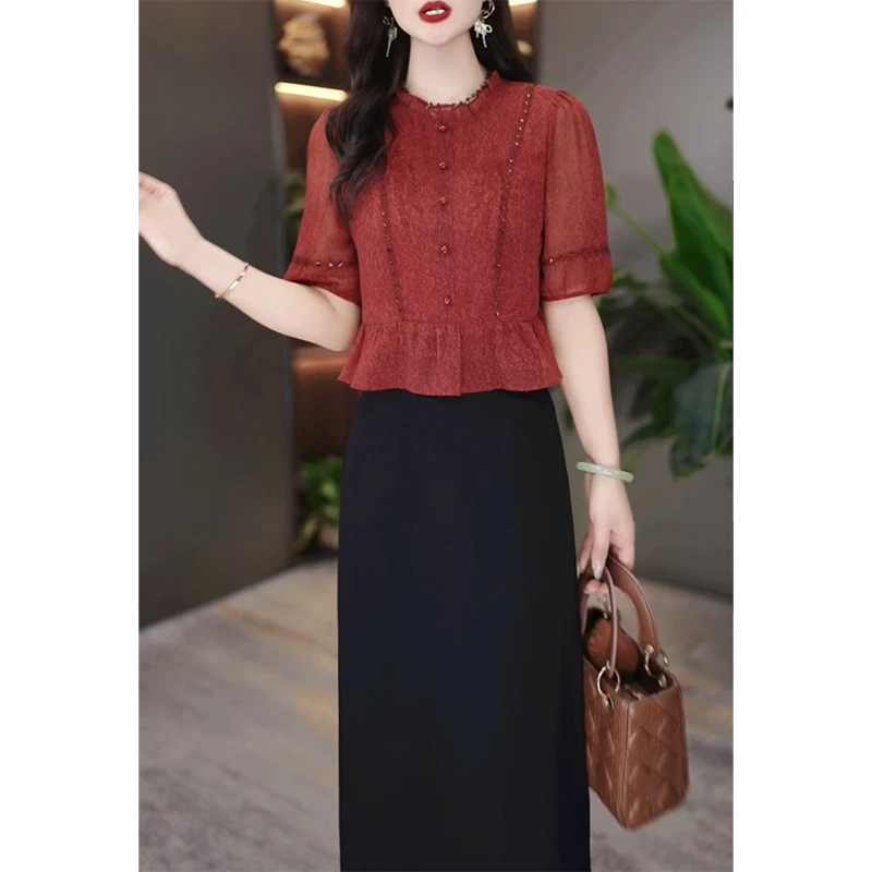 M0305 夏季25年新款高档洋气新中式收腰显瘦气质妈妈连衣裙女时尚