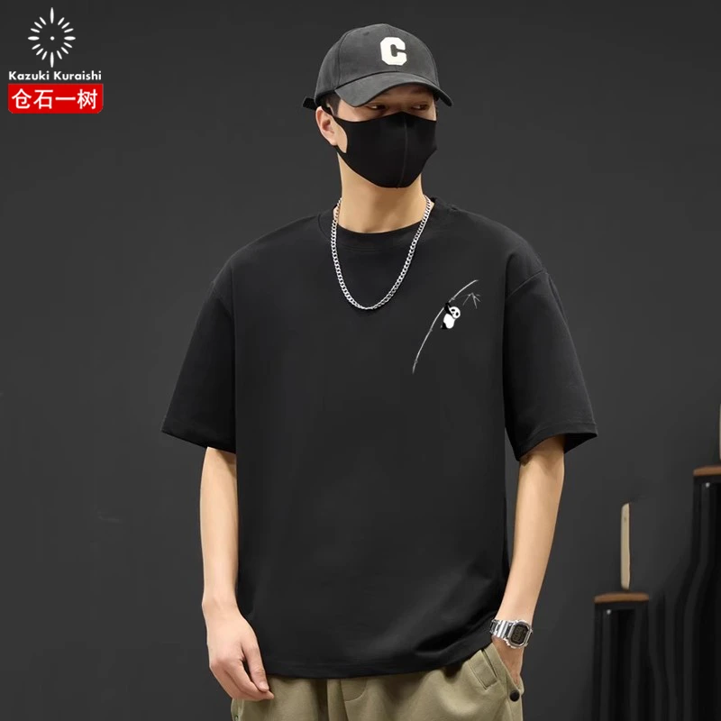 仓石一树熊猫印花短袖T恤男士夏季国潮新款宽松休闲半袖上衣体恤