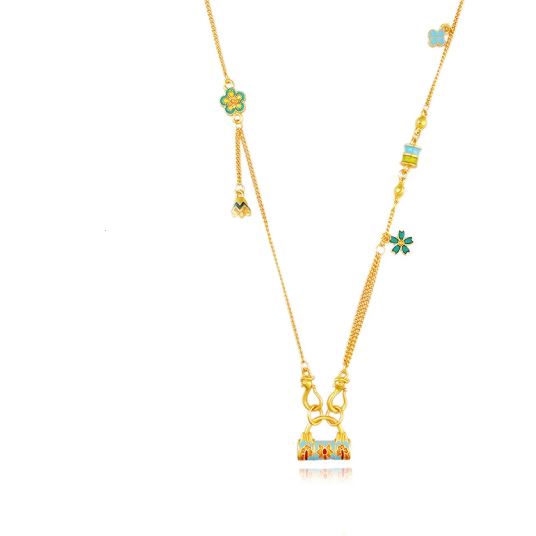 铜合金项链 XL-275新中式珐琅繁花如意锁项链国风复古锁骨链