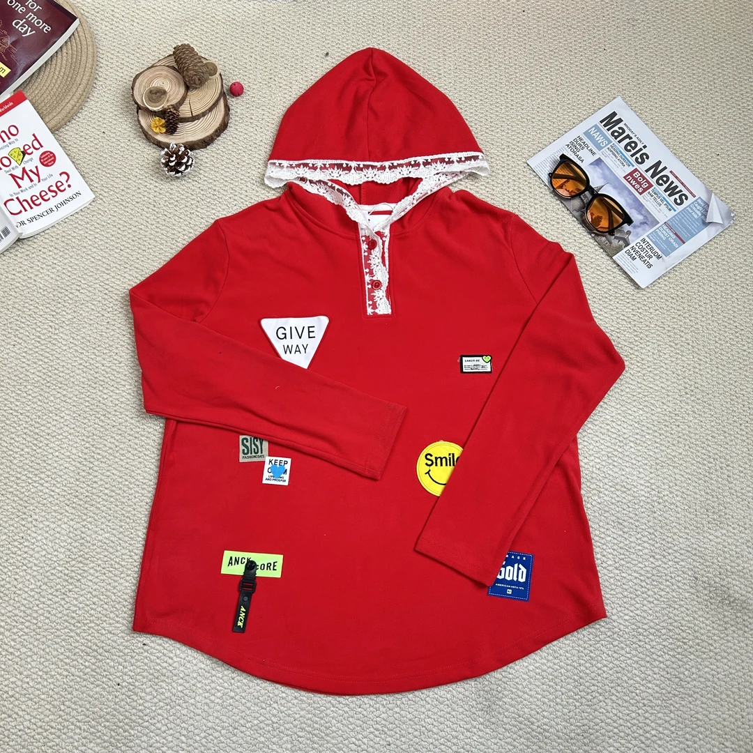 2024秋季新款休闲时尚百搭纯色连帽拼蕾丝打底长袖T恤8413