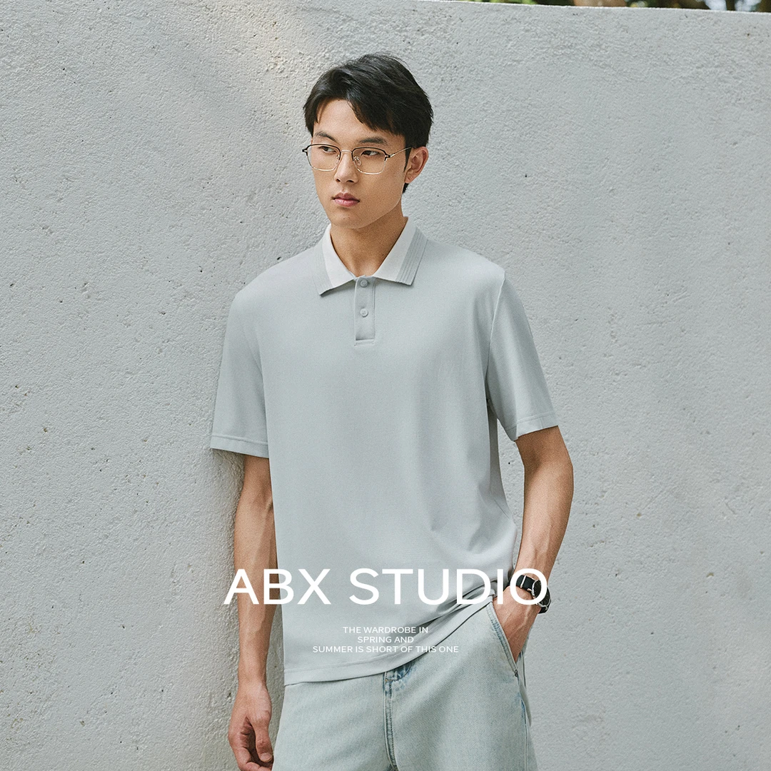 空调凉感速干华夫格面料 abx夏季撞色扁机领POLO衫男翻领短袖T恤