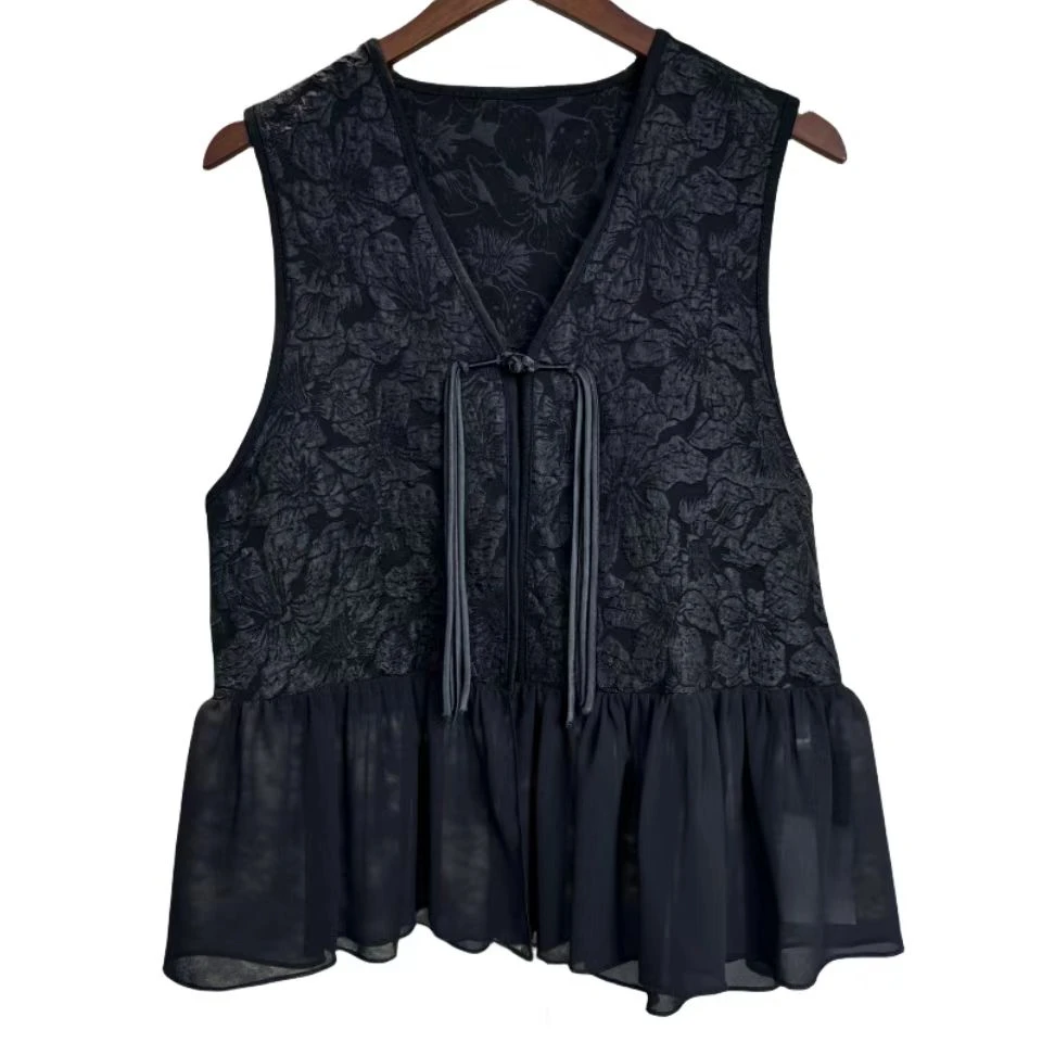 国风新中式盘扣提花马甲女刺绣拼接设计宽松显瘦马夹上衣背心坎肩