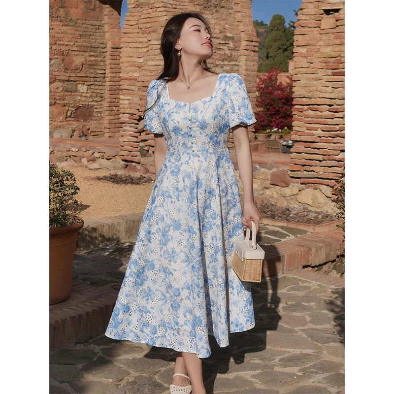 ERINA姨太太原创微胖【蓝空絮语】夏日清新甜美连衣裙碎花裙连衣裙