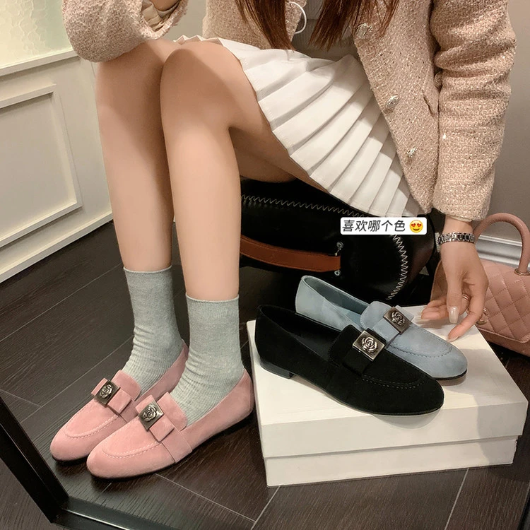 真皮乐福鞋平底单鞋女2025春季设计感小众配裙子蝴蝶结粉色小皮鞋