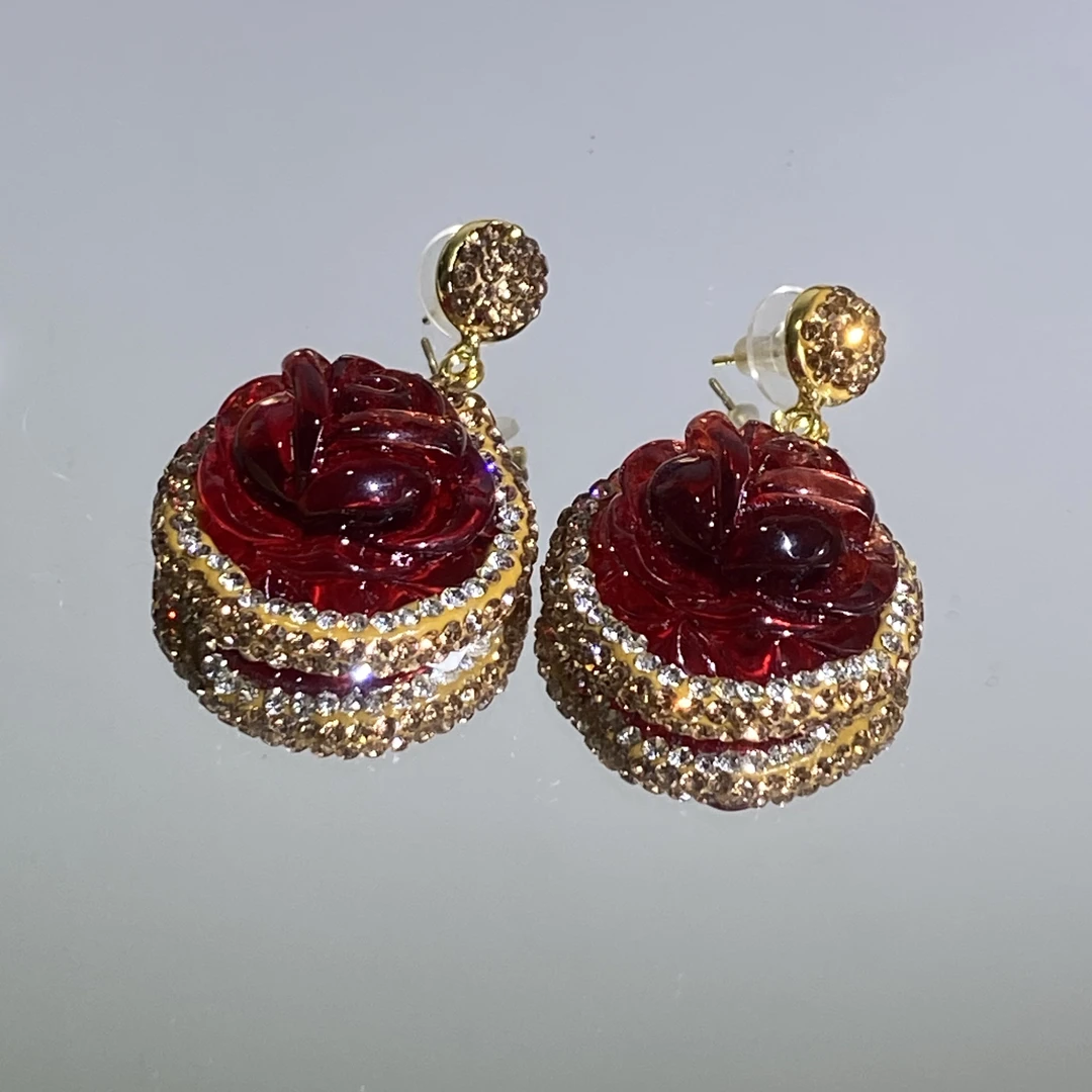 铜合金合成锆石耳饰 TTSD 红色郁金香气质百搭国风耳环 9012