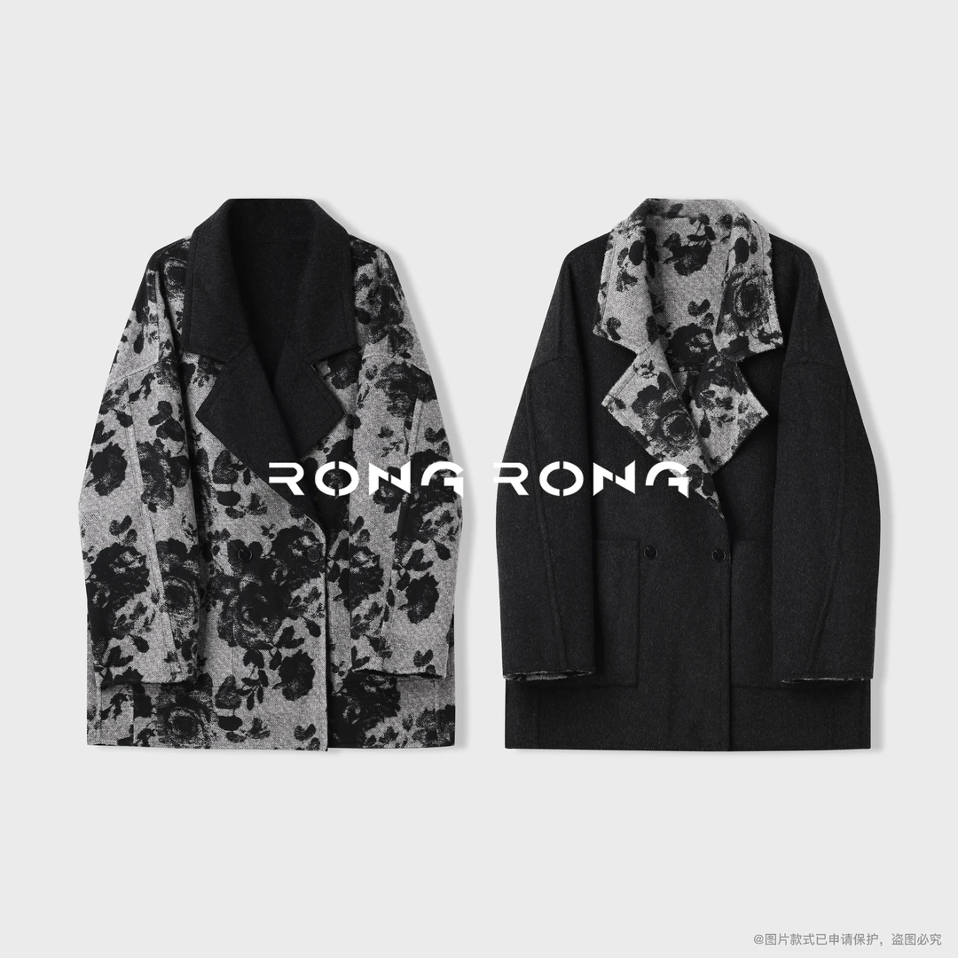溶溶【水墨花诗】RONGRONG 100绵羊毛双面印花双面呢大衣2512H007