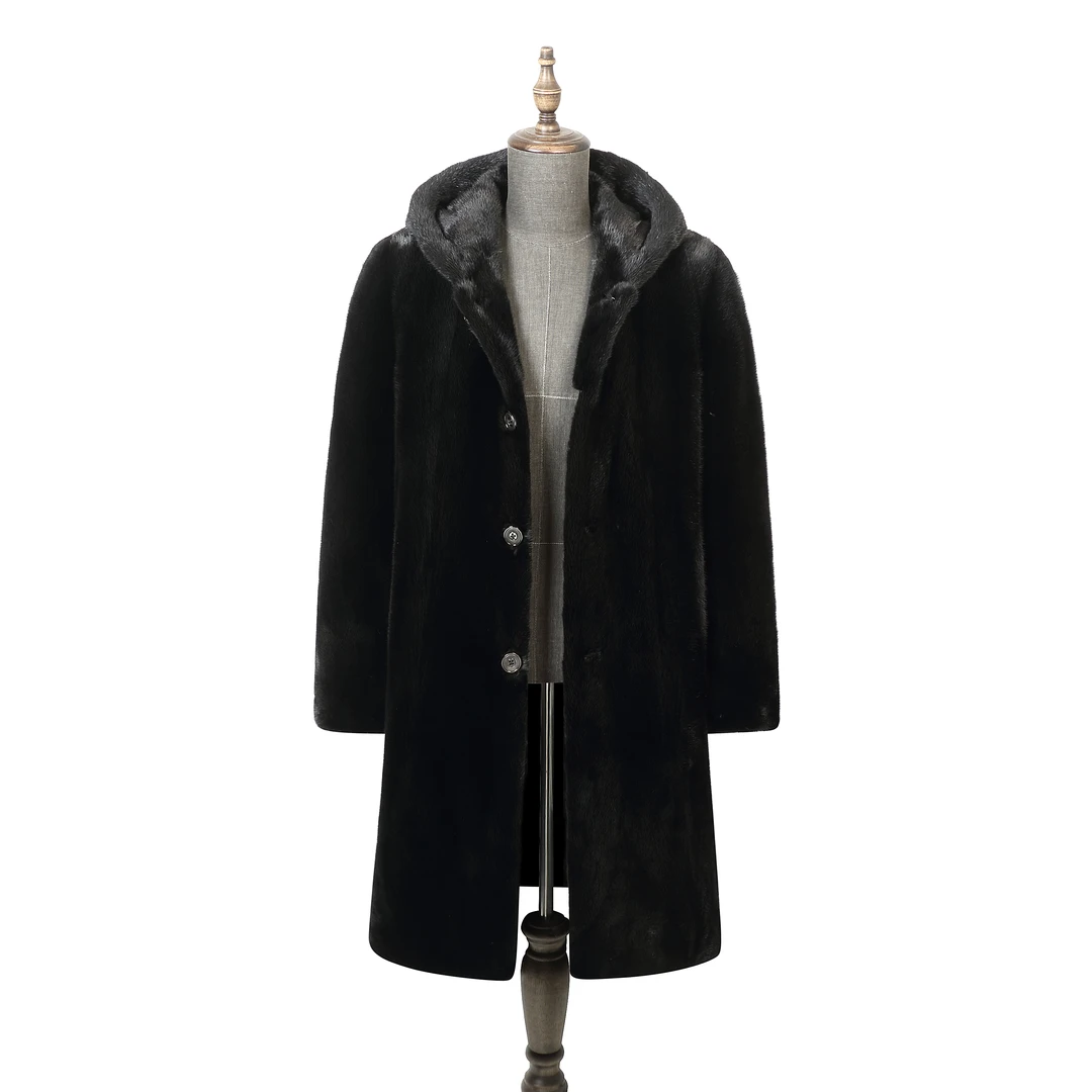 美国进口一米零五宝嘉美整貂男士中长纽扣带帽貂皮外套冬季