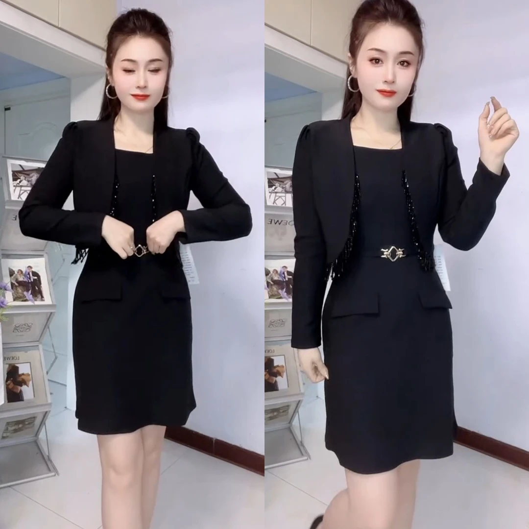 时尚流苏短外套搭配坎袖连衣裙修身显瘦两件套2025