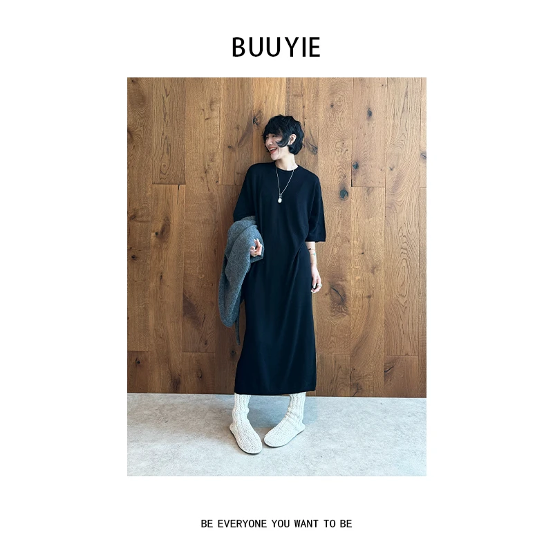 BUUYIE【墨叙】针织小黑裙连衣裙韩系长裙松弛感显瘦裙子251031