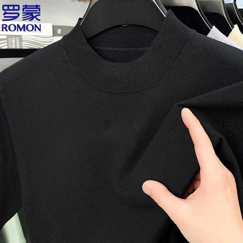 罗蒙夏季上新男士半高领针织短袖韩版修身纯色半袖T恤舒适打底衫
