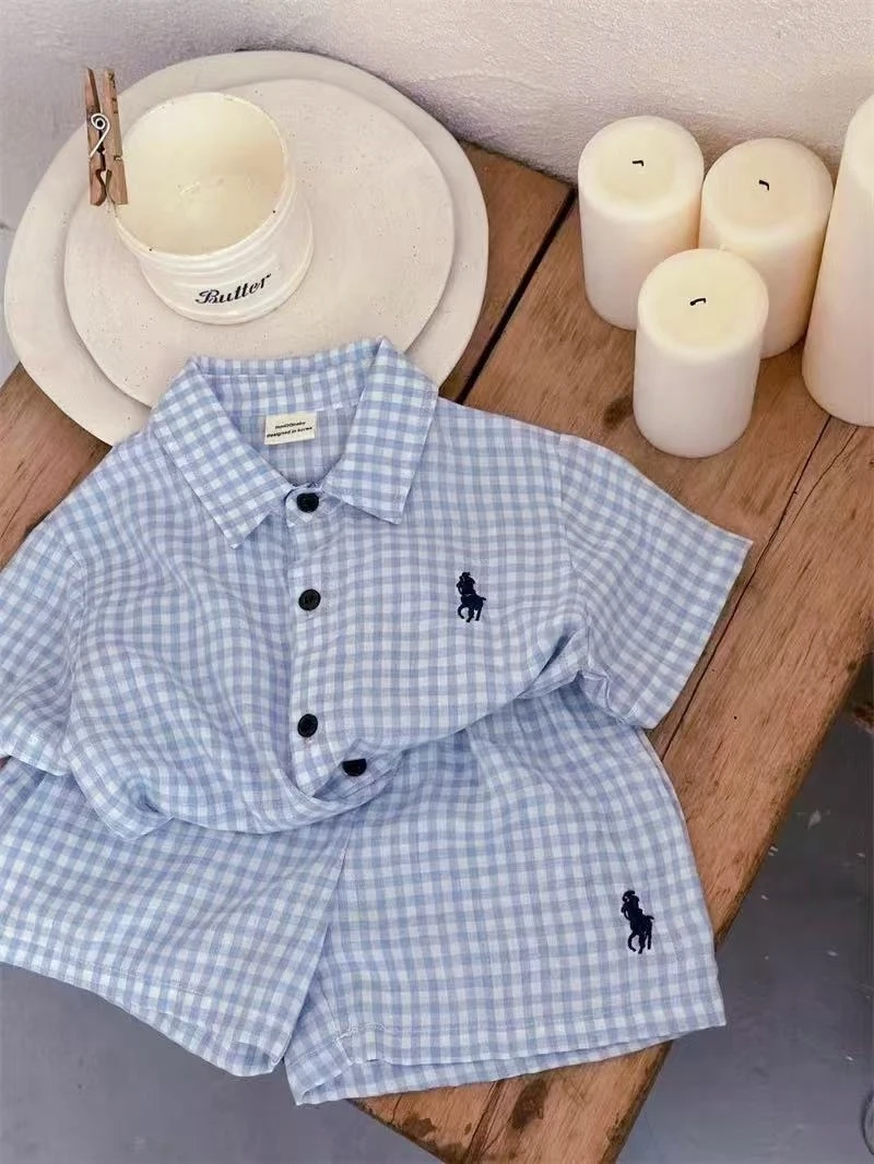 夏季儿童衬衫套装新款短袖短裤格子洋气宽松男女童百搭款刺绣上衣