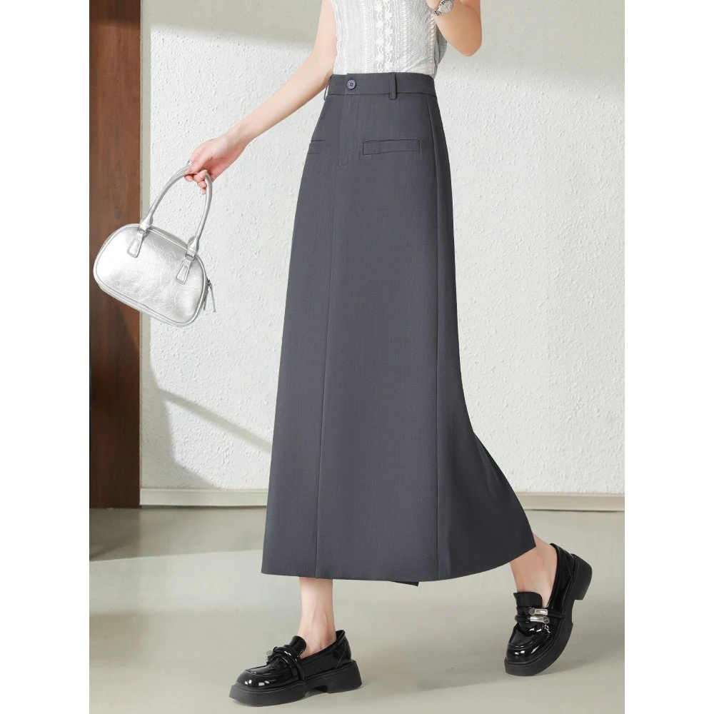 灰色西装半身裙女夏2025新款简约开叉显瘦高个子中长款直筒包臀裙