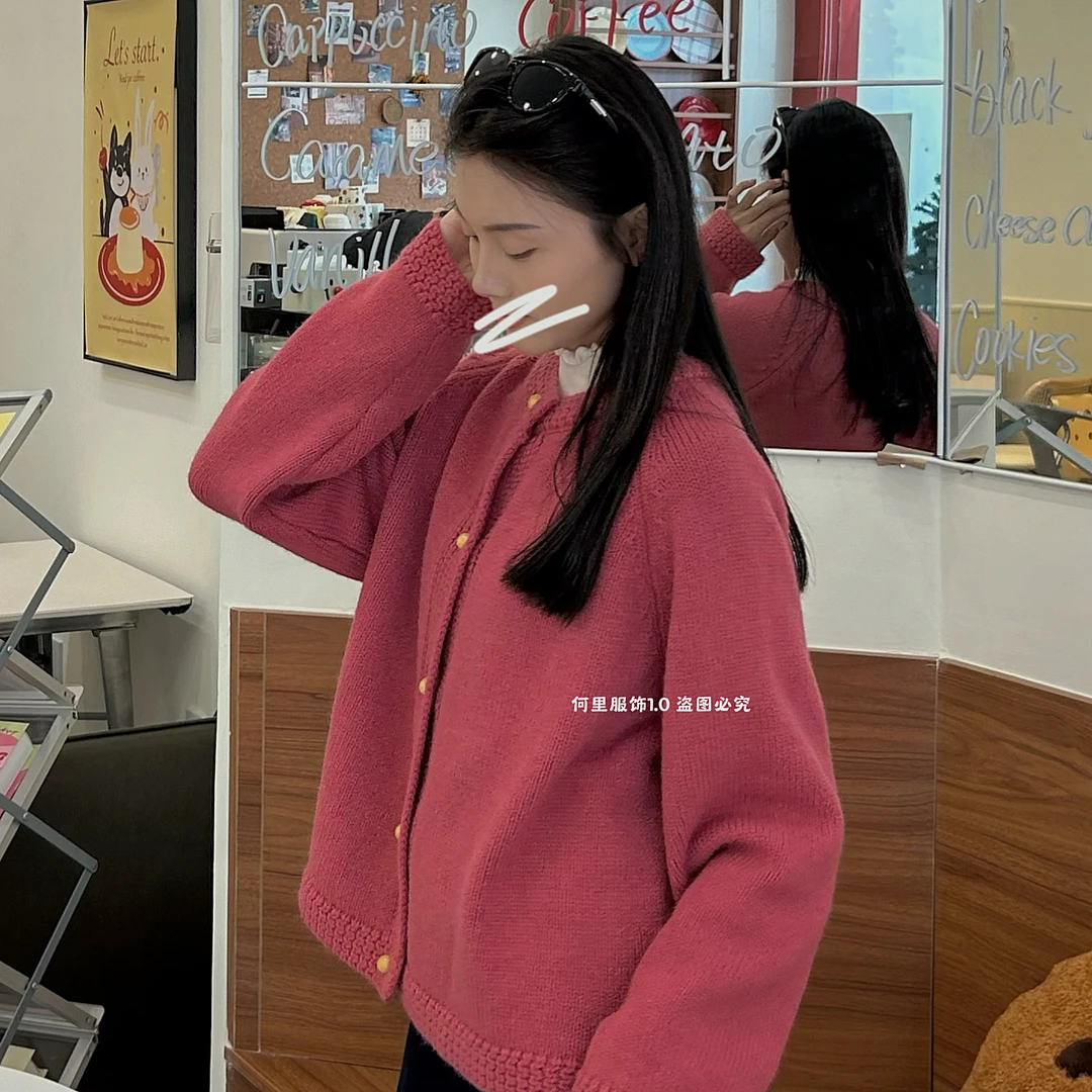 2025新款高级感纯色韩系小木扣百搭显瘦针织开衫女外套HL